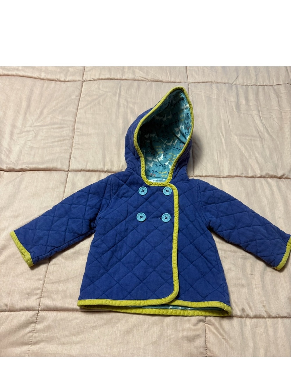 Baby Boden blue quilted double breasted hooded jacket size 6-12 months